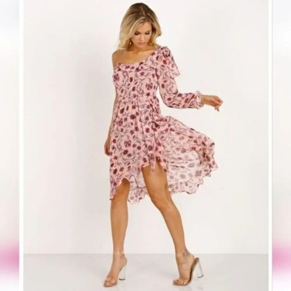 For Love and Lemons Floral One Shoulder Ruffle High-Low Midi Dress Wedding Guest - Picture 6 of 8